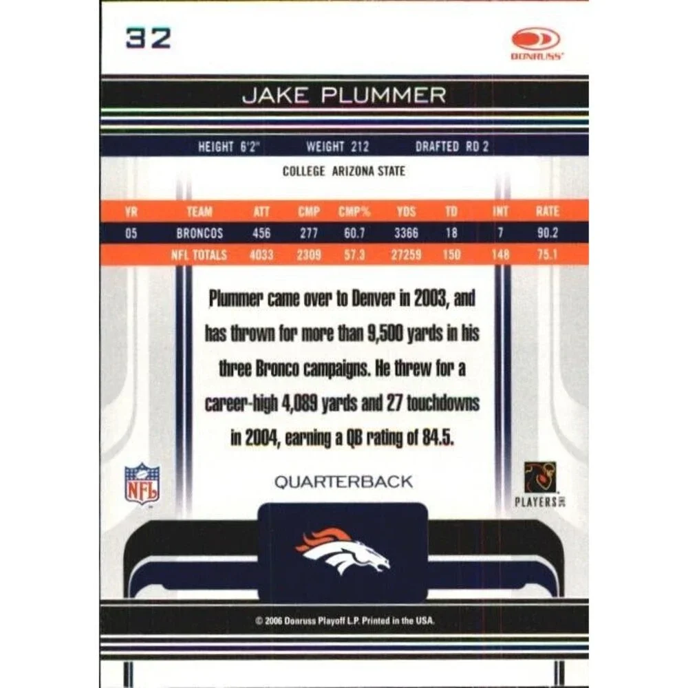 Jake Plummer Denver Broncos NFL Donruss Gridiron Gear Football Card 32 2006
